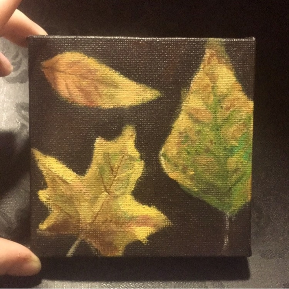 Fall leaves hand painted Autumn decor acrylic painting on 4in by 4 in canvas
